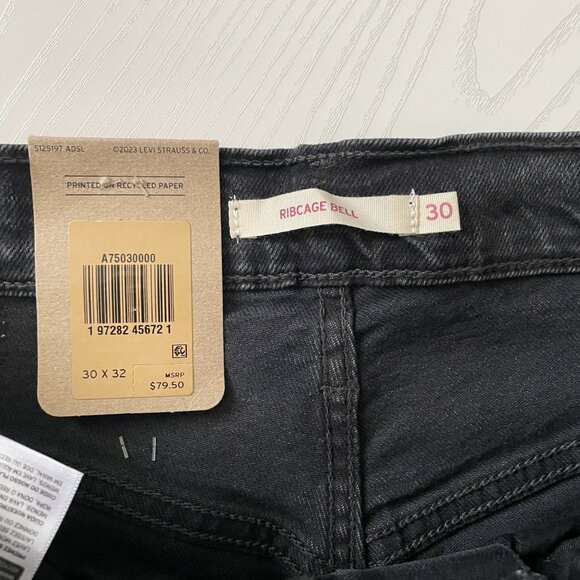 Levi's Women's Ribcage Bell Jeans 30x32 Black Super High Rise Flare Denim Slim - Picture 6 of 10